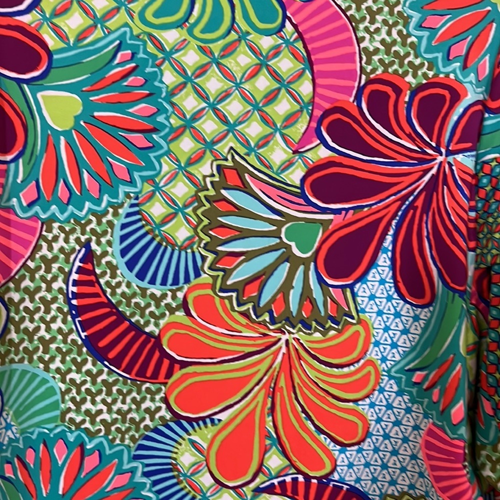 Trina Turk unique sleeved olive green/cranberry/ orange multi-colored top. Sm. - Picture 5 of 11